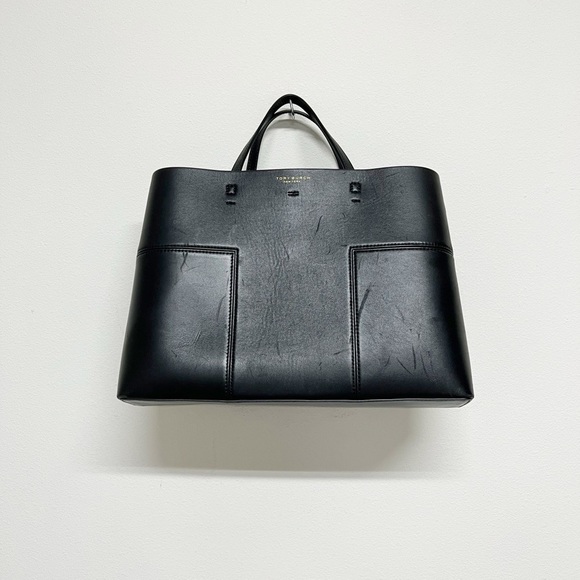 Tory Burch New York Womens Black Leather Structured Large Block T Tote - Picture 1 of 11